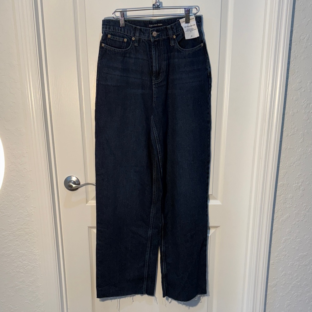 Calvin Klein Jeans Dark Indigo High Rise Wide Leg Raw Ankles Size 26 Inseam 32